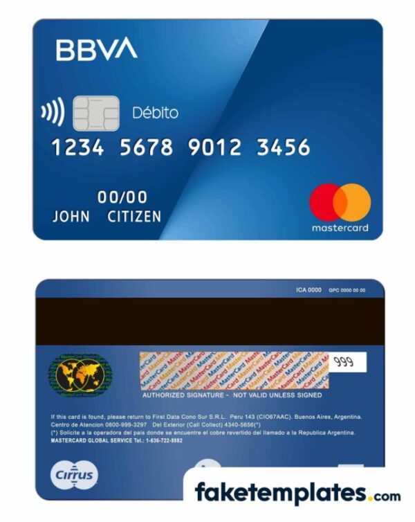 fake Argentina BBVA bank mastercard debit download PSD template, fully editable