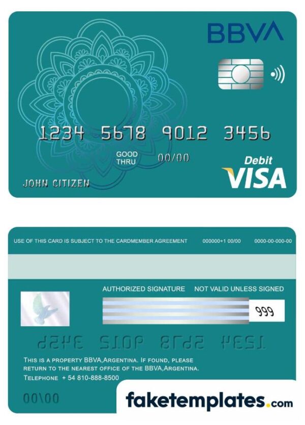 fake Argentina BBVA bank visa debit card download PSD template, fully editable