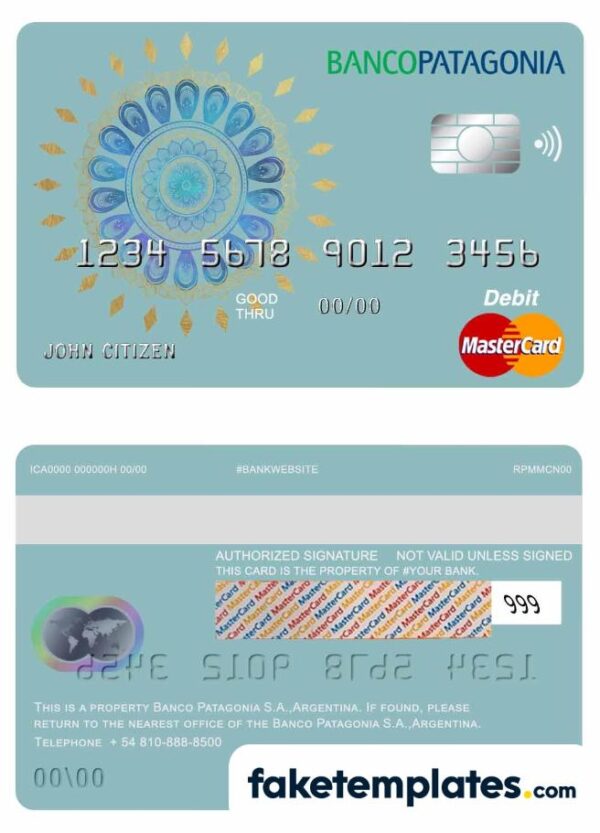 fake Argentina Banco Patagonia bank mastercard debit card download PSD template, fully editable