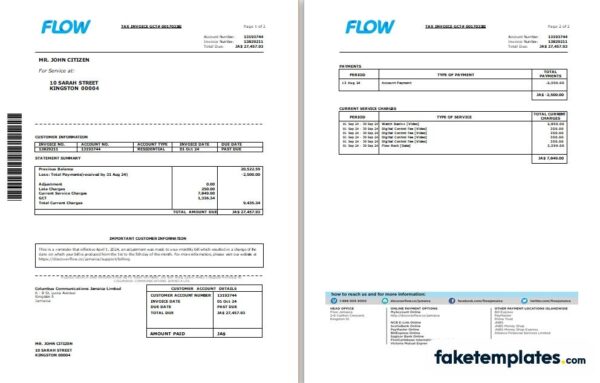 fake Jamaica Flow tax invoice cable and internet utility bill Word and PDF template, 2 pages