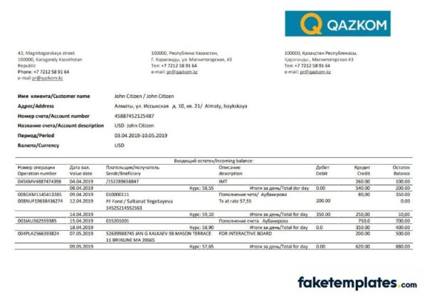 fake
  Kazakhstani Qazkom bank proof of address statement download Word and PDF
  template