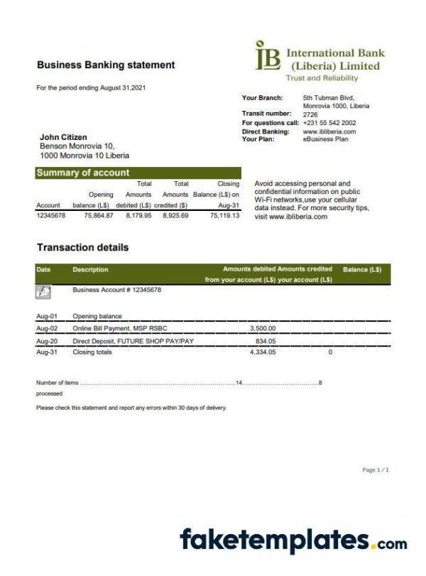 fake
  Liberian IB International Bank proof of address statement download Word and
  PDF template