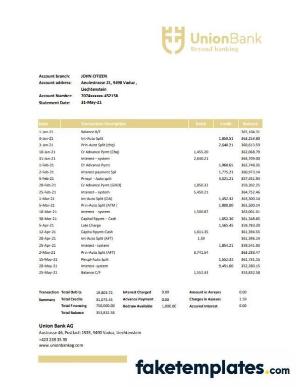 fake
  Liechtensteiner Union Bank AG statement download Word and PDF template