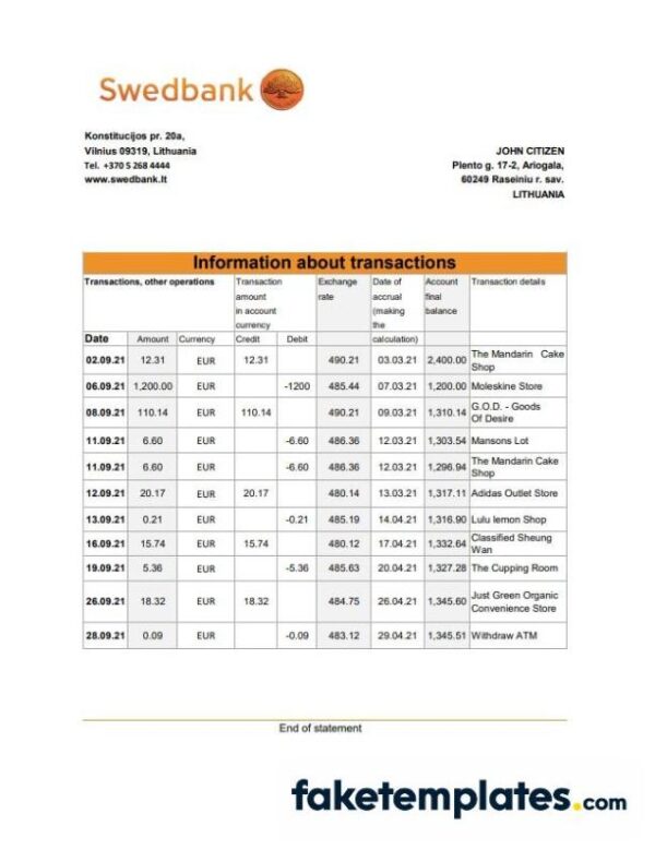 fake
  Lithuanian Swedbank bank statement 3 - 6 months easy to fill download Excel
  and PDF template