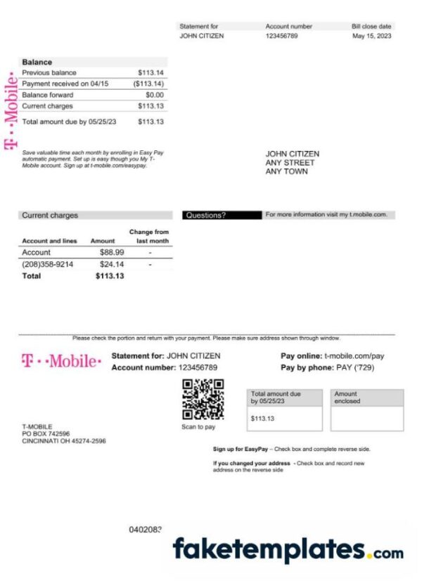 fake USA T-Mobile utility bill download Word and PDF template