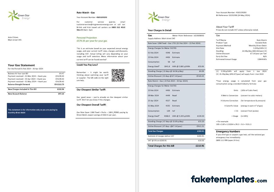 fake United Kingdom Green Star Energy energy utility bill download Word and PDF formats, 3 pages