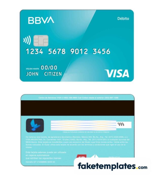 fake Argentina BBVA bank visa debit card download PSD template, fully editable, with all fonts