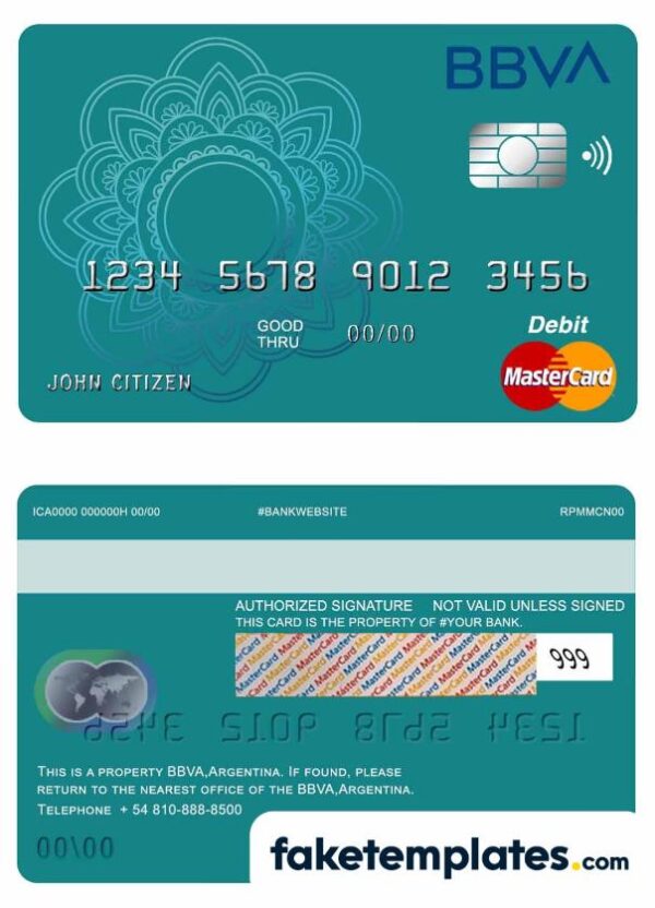 fake Argentina BBVA bank MasterCard debit card download PSD template, fully editable, with all fonts