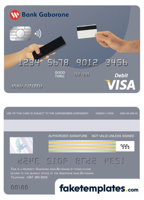 fake Botswana Bank Gaborone visa card debit card download PSD template, fully editable