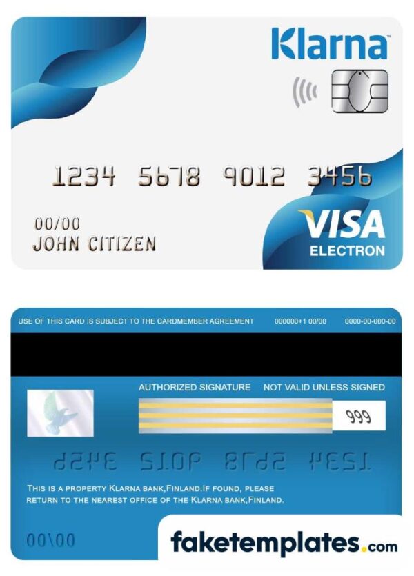 fake Finland Klarna bank visa electorn card download PSD template, fully editable