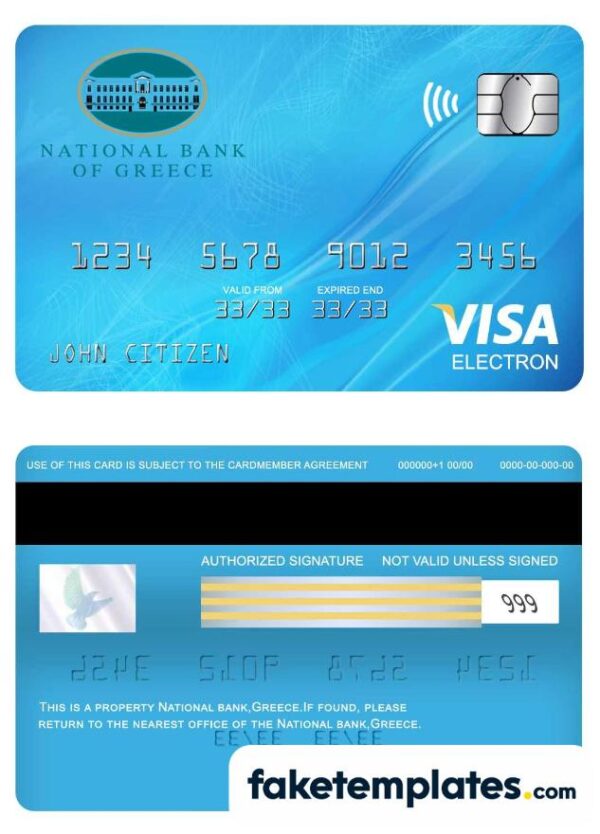 fake Greece National bank visa electron card download PSD template, fully editable