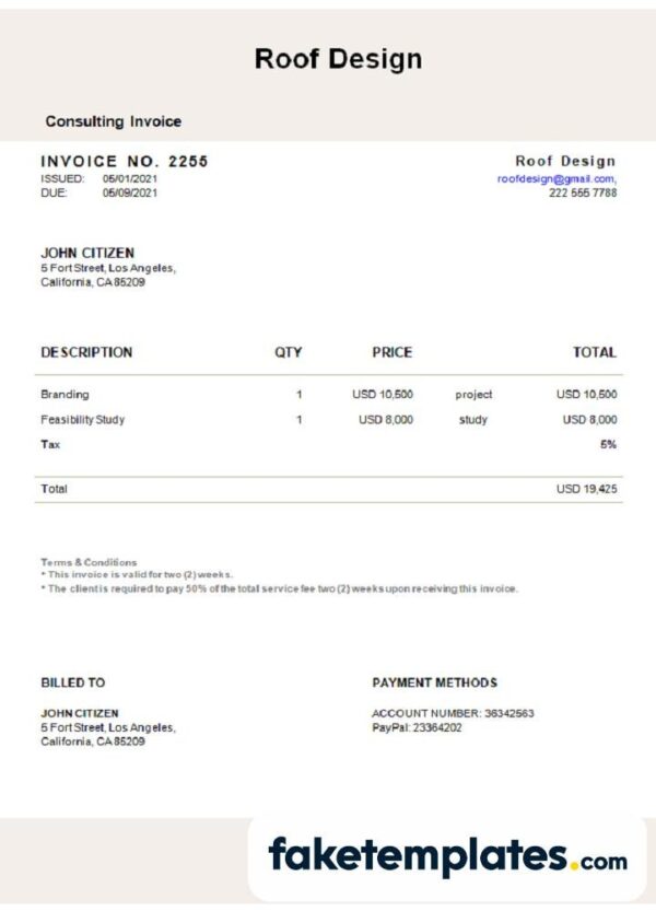 fake USA Roof Design invoice download Word and PDF template | fully editable