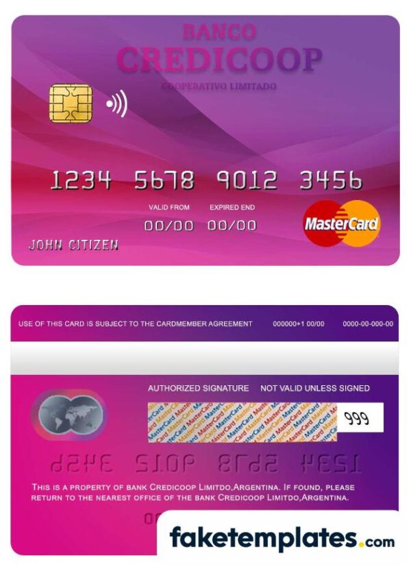 fake Argentina bank Credicoop bank mastercard credit card download PSD template, fully editable