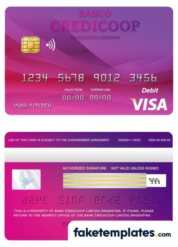 fake Argentina bank Credicoop bank visa credit card download PSD template, fully editable