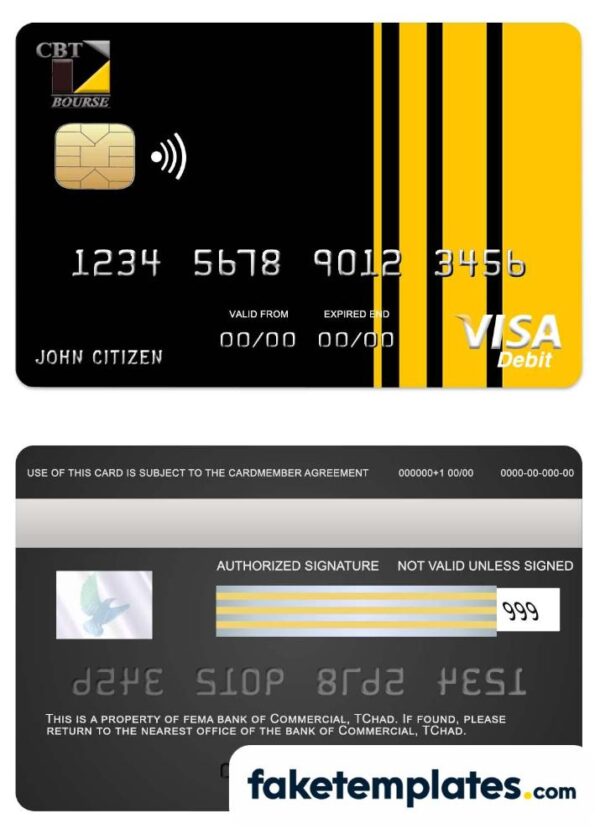 fake Chad Commercial bank visa card download PSD template, fully editable
