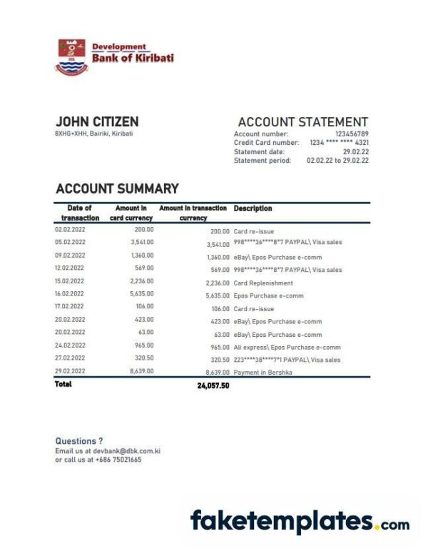 fake
  Kiribati Development Bank of Kiribati bank statement 3 - 6 months download
  Word and PDF template