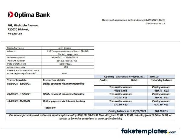 fake
  Kirghiz Optima Bank statement download Word and PDF template
