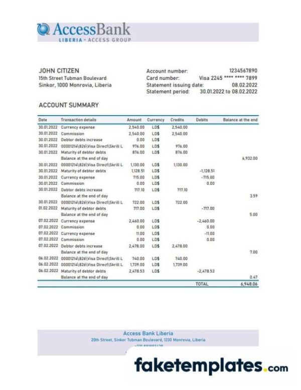 fake
  Liberian Access Bank statement download Excel and PDF template