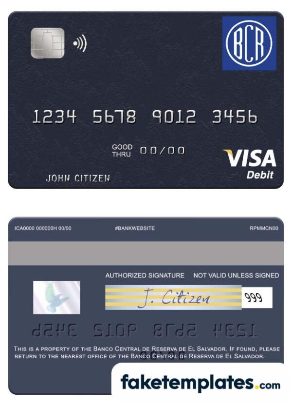 fake El Salvador Banco Central de Reserva de El Salvador visa debit card download PSD template