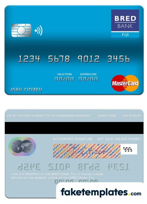 fake Fiji BRED Bank mastercard credit card template in download PSD format