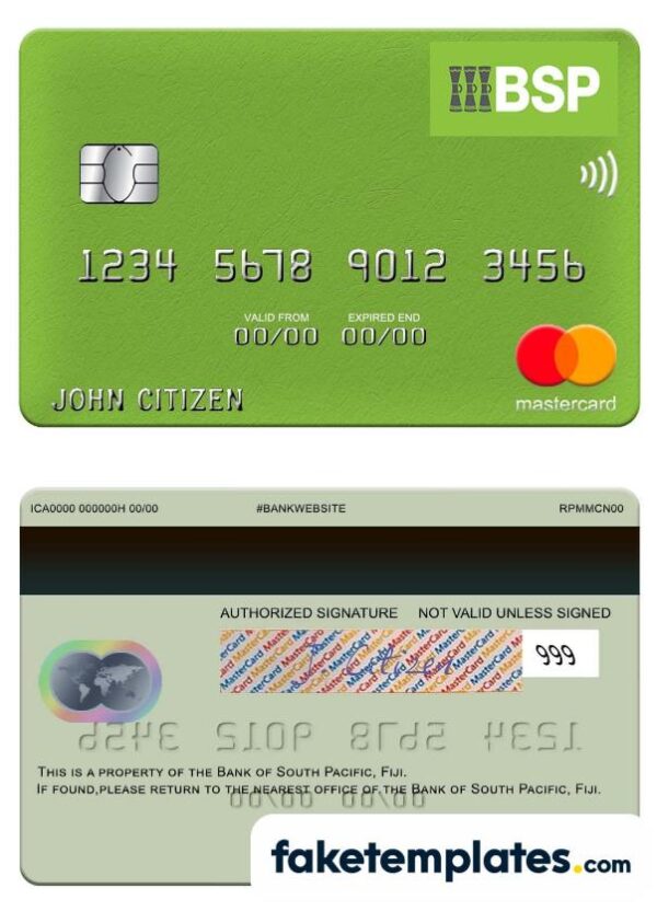 fake Fiji Bank of South Pacific mastercard credit card template in download PSD format