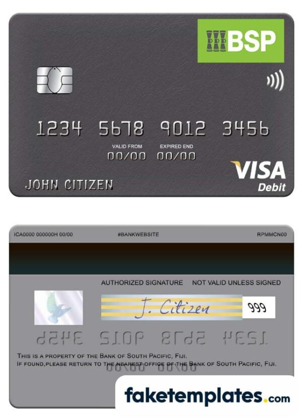 fake Fiji Bank of South Pacific visa debit card template in download PSD format