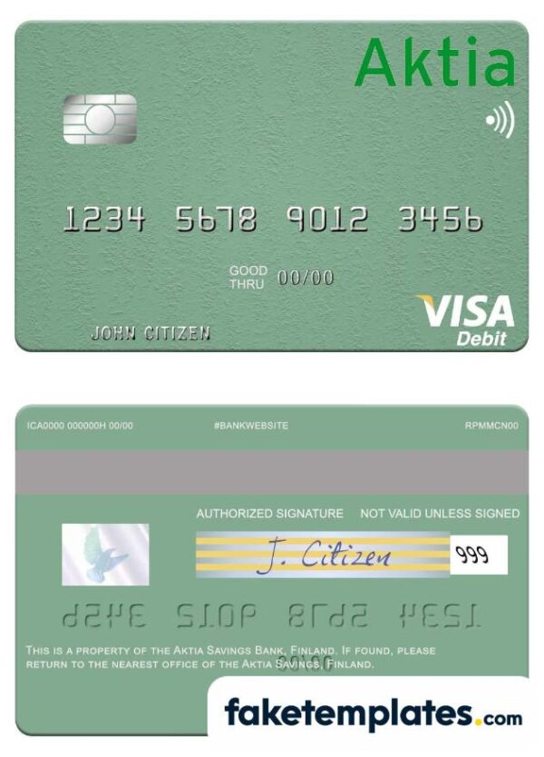 fake Finland Aktia Savings Bank visa debit card download PSD template, fully editable