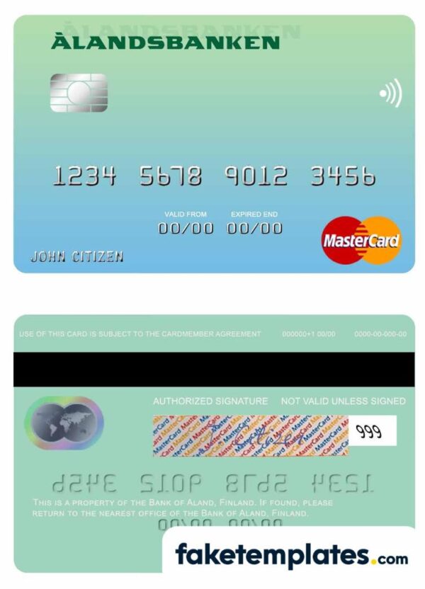 fake Finland Bank of Aland mastercard credit card download PSD template