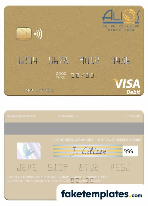 fake Gabon Alios France visa debit card download PSD template