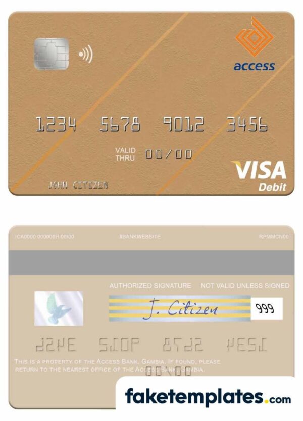 fake Gambia Access Bank visa debit card download PSD template