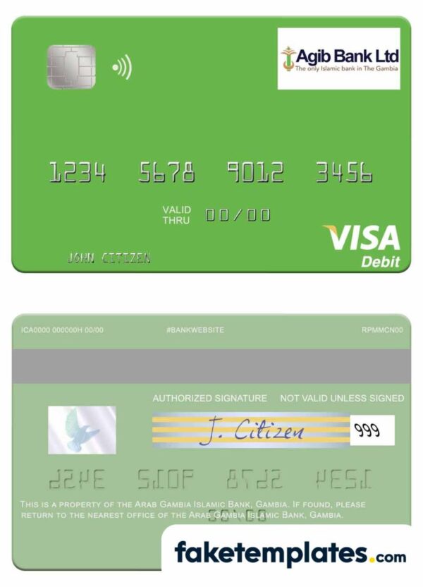 fake Gambia Arab Gambia Islamic Bank visa debit card download PSD template