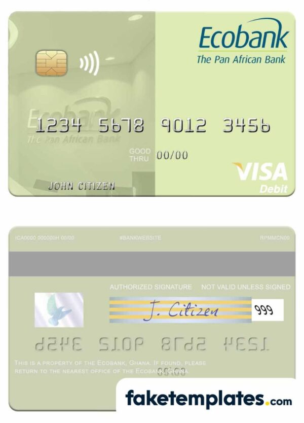 fake Ghana Ecobank Ghana visa debit card download PSD template