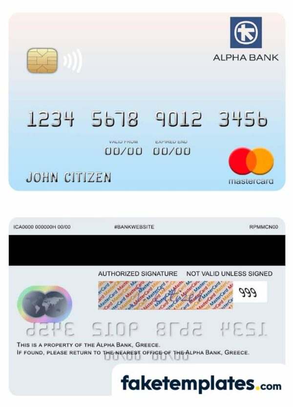 fake Greece Alpha Bank mastercard download PSD template