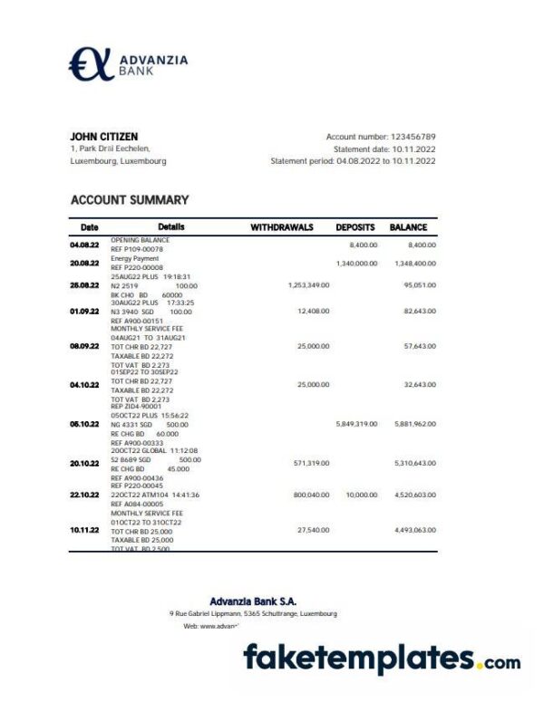 fake
  Luxembourg Advanzia bank statement 3 - 6 months download Excel and PDF
  template