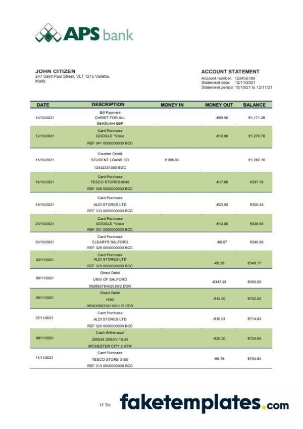 fake
  Maltese APS bank statement 3 - 6 months download Word and PDF template