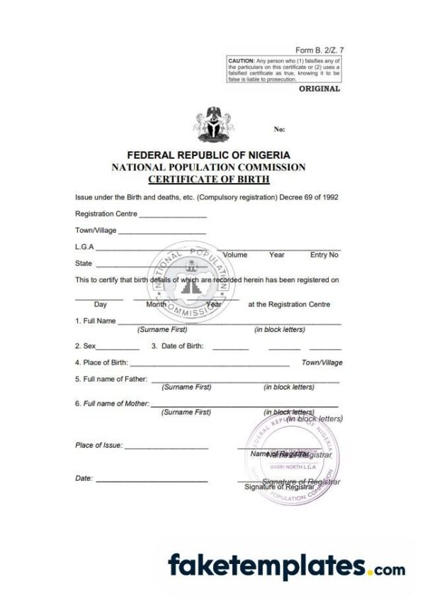 fake Nigeria birth certificate download template in Word and PDF format