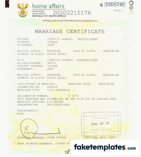 fake South Africa marriage certificate download PSD template | fully editable