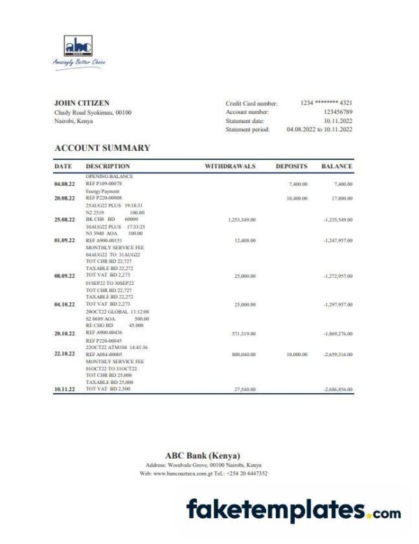 fake
  Kenyan ABC bank statement 3 - 6 months download Excel and PDF template