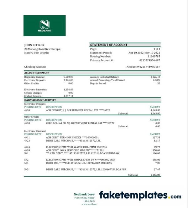 fake
  Lesotho Nedbaank bank statement 3 - 6 months download Excel and PDF template