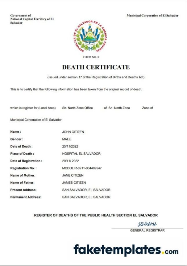 fake El Salvador vital record death certificate download Word and PDF template