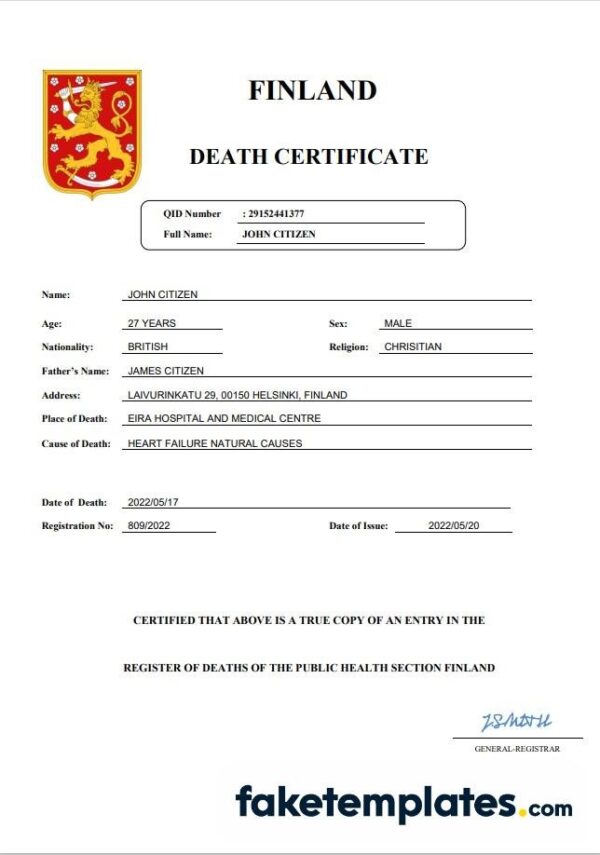 fake Finland death certificate download Word and PDF template | completely editable