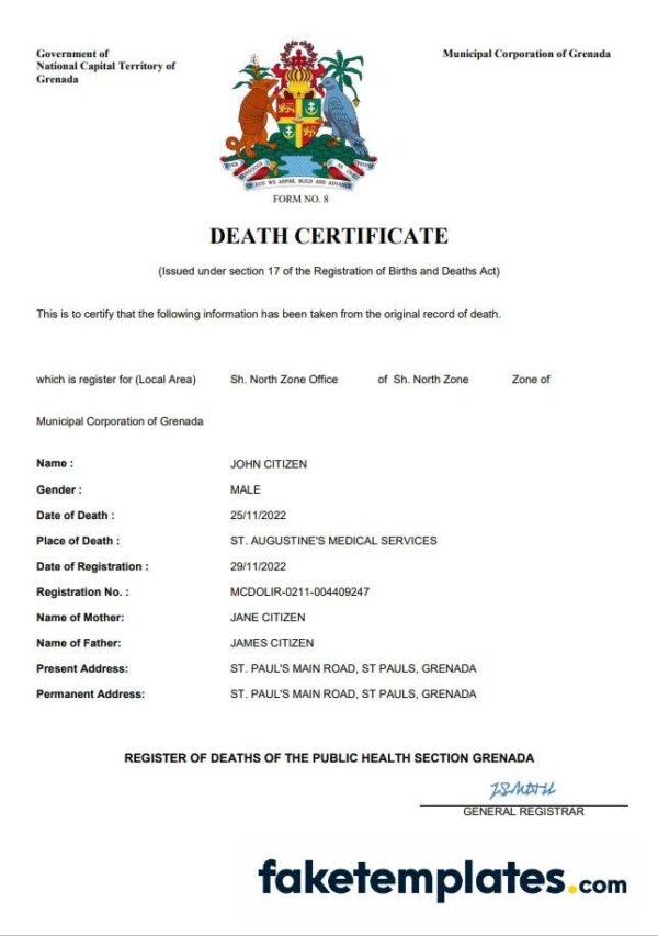 fake Grenada vital record death certificate download Word and PDF template