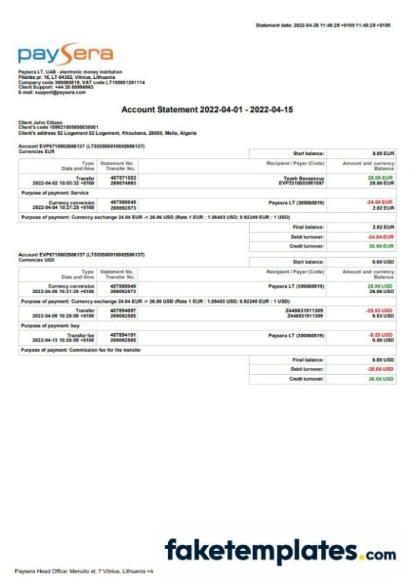 fake
  Lithuanian Paysera account statement, download Word and PDF template