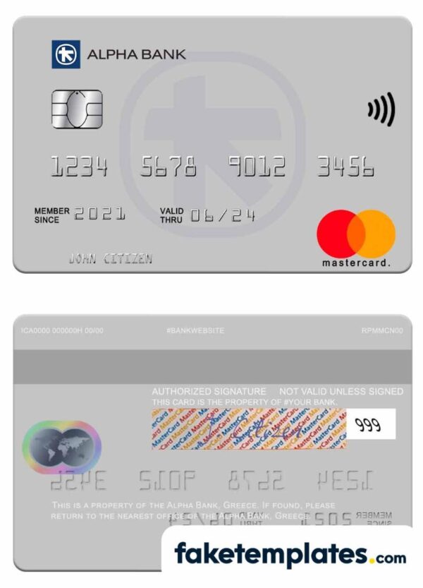 fake Greece Alpha bank mastercard credit card download PSD template, version 3