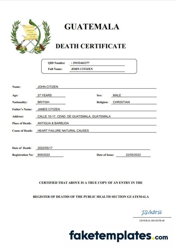 fake Guatemala death certificate download Word and PDF template | completely editable