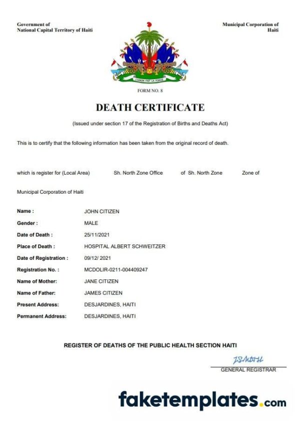 fake Haiti death certificate download Word and PDF template | completely editable