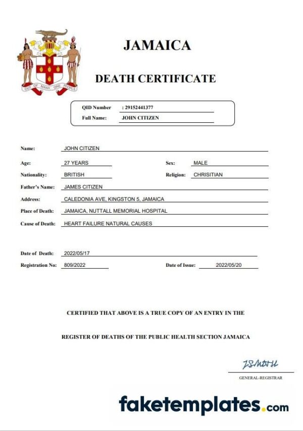 fake Jamaica vital record death certificate download Word and PDF template