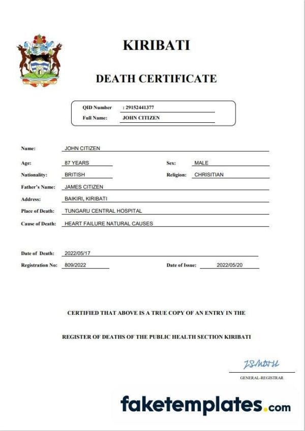 fake Kiribati vital record death certificate download Word and PDF template