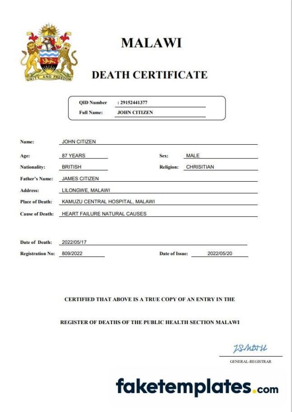 fake Malawi vital record death certificate download Word and PDF template