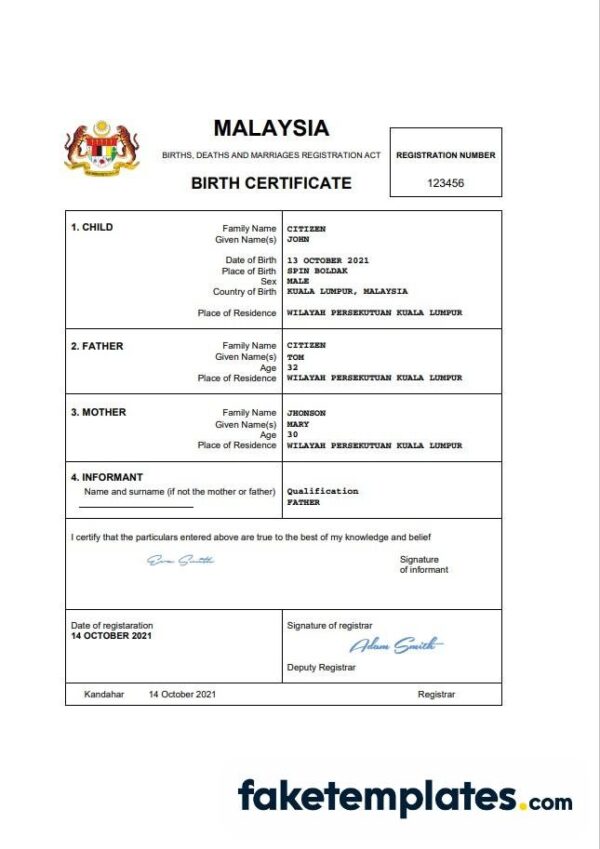 fake Malaysia death certificate download Word and PDF template | completely editable